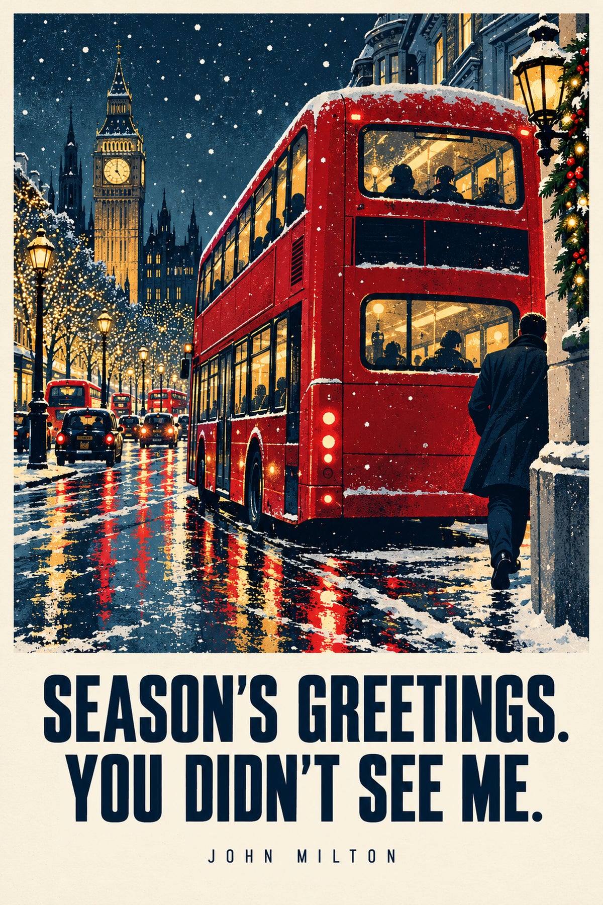 John Milton Christmas Card - The London Bus